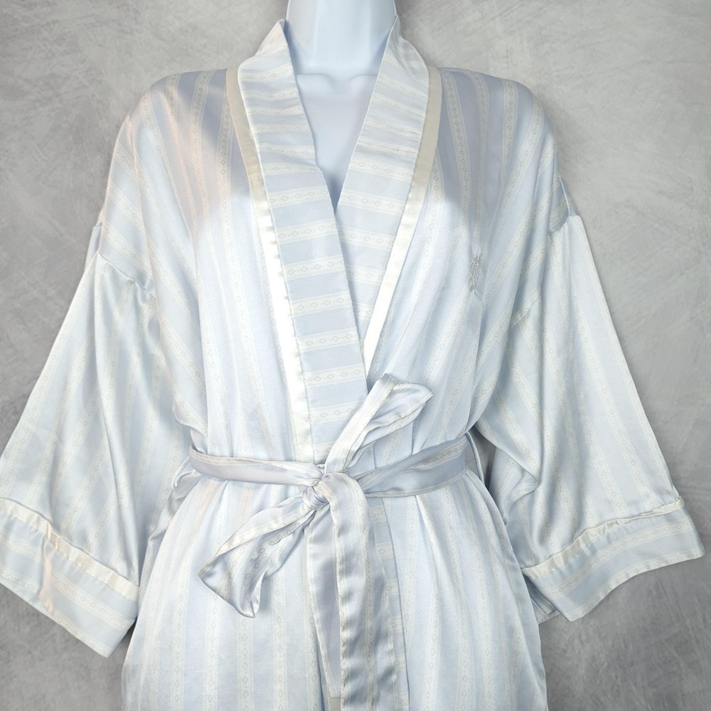 Vintage Christian Dior Robe Womens Large Blue Satin Kimono Striped Logo Belted - Picture 1 of 16